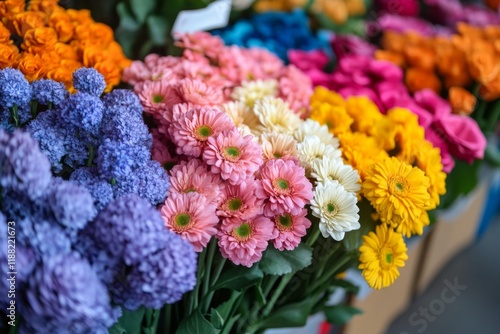 Colorful fresh flowers arranged in a vibrant market display photo