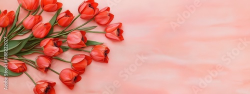 Red Tulips Bouquet: A vibrant and romantic bouquet of deep red tulips, background of warm, romantic hues. Valentine's day/ Mother's Day/ Women's Day card with a flower shaped heart and copy space