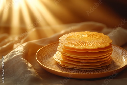 Golden pancakes topped with butter and syrup in warm lighting photo