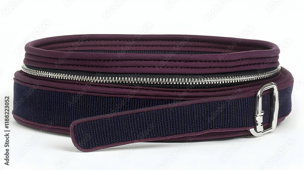 Purple neoprene belt with zipper and buckle on white background; fashion accessory, studio shot Purple neoprene belt with zipper and buckle on white background; fashion accessory, studio shot