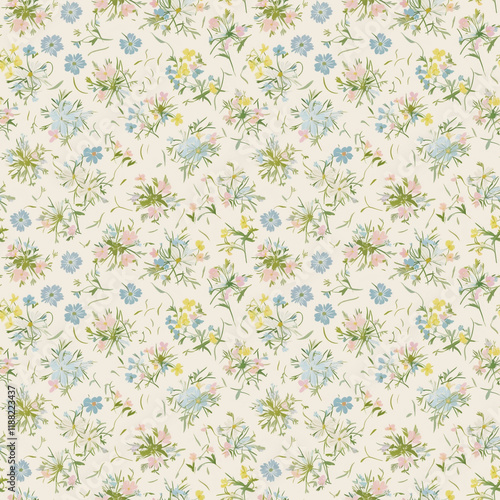 Delicate Seamless Floral Background in Pastel Colors on a Light Beige Background