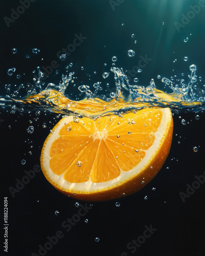 A vibrant orange slice plunges into water, creating bubbles and ripples, captured in a striking underwater scene.