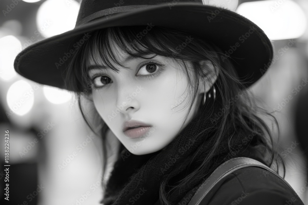 Black and white portrait of a young woman in a hat Black and white portrait of a young woman in a hat