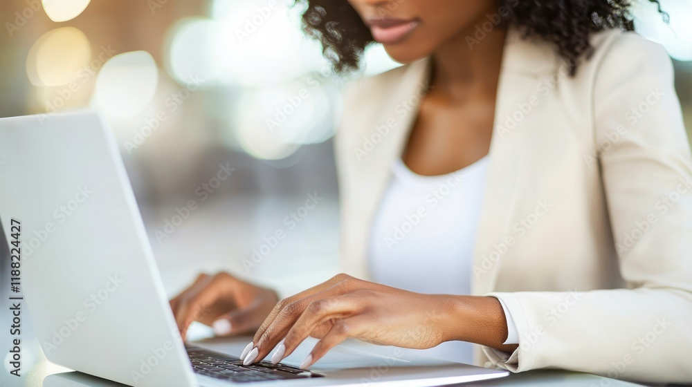 Fototapeta premium Woman Using Laptop Computer Wearing White Blazer