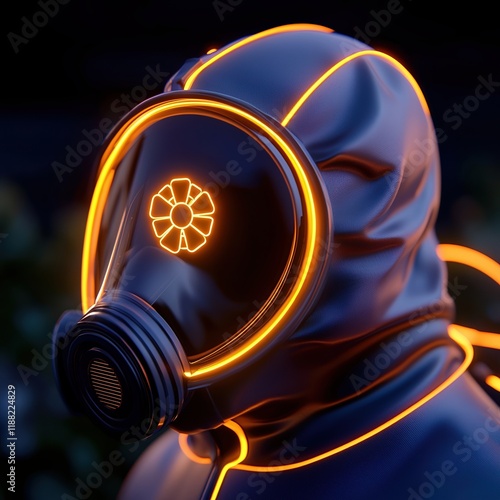 Futuristic gas mask with glowing elements for modern safety and protection. photo