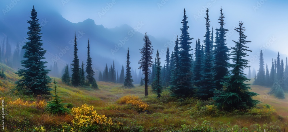 Misty Mountain Landscape with Evergreen Trees and Autumn Foliage in Foggy Atmosphere, copy space for text Misty Mountain Landscape with Evergreen Trees and Autumn Foliage in Foggy Atmosphere, copy space for text