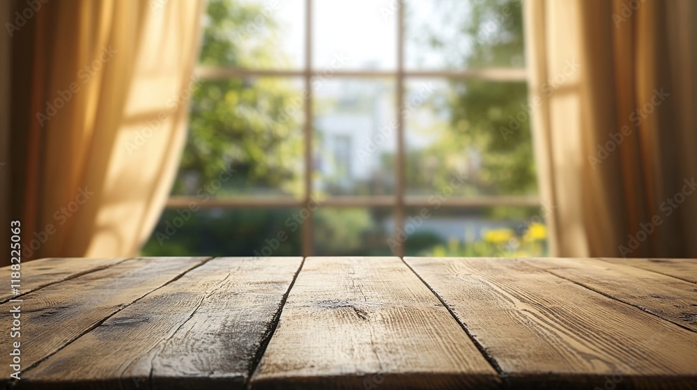 Rustic wooden table against sunlit window with curtains. Rustic wooden table against sunlit window with curtains.
