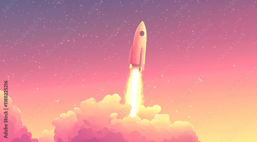 Fototapeta premium Vibrant rocket launch in starry sunset sky with clouds