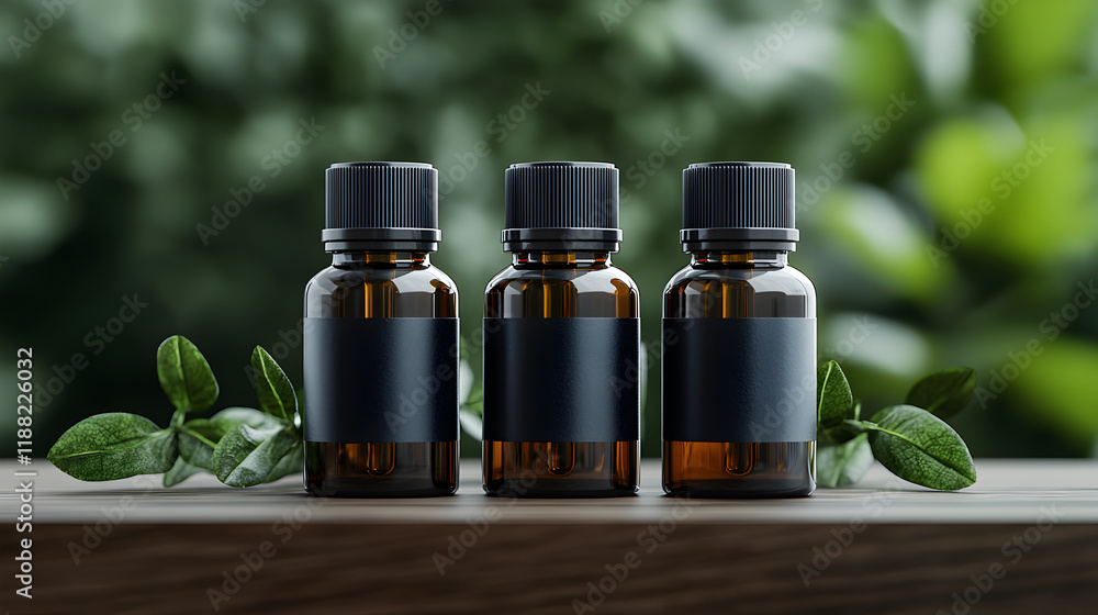 Three amber glass bottles with black caps on a wooden surface, surrounded by green leaves. Three amber glass bottles with black caps on a wooden surface, surrounded by green leaves.