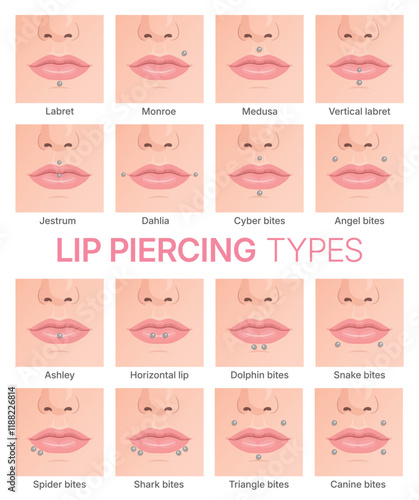 Set of vector illustrations showing different types of lip piercing.