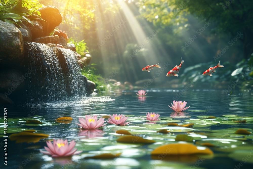 Fototapeta premium Scenic pond with floating lotus flowers surrounded by lush greenery
