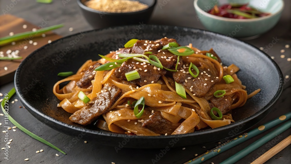 Beef chow fun served in a black ceramic dish garnished with green onions and sesame seeds Beef chow fun served in a black ceramic dish garnished with green onions and sesame seeds