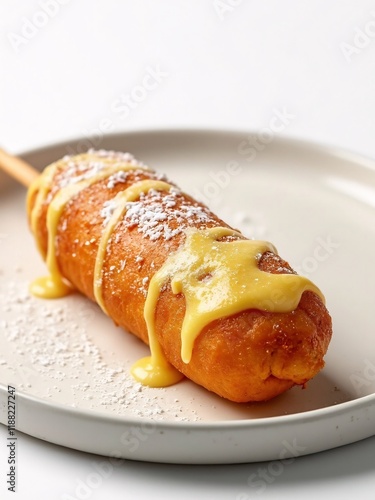 A crispy Korean corn dog topped with melted cheese and powdered sugar, placed on a clean white plate with a white background. Perfect for food posters, snack campaigns, or modern editorial designs. photo