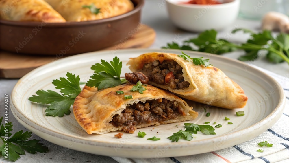 Delightful beef empanadas served on a plate garnished with fresh herbs and accompanied by a flavorful dipping sauce Delightful beef empanadas served on a plate garnished with fresh herbs and accompanied by a flavorful dipping sauce