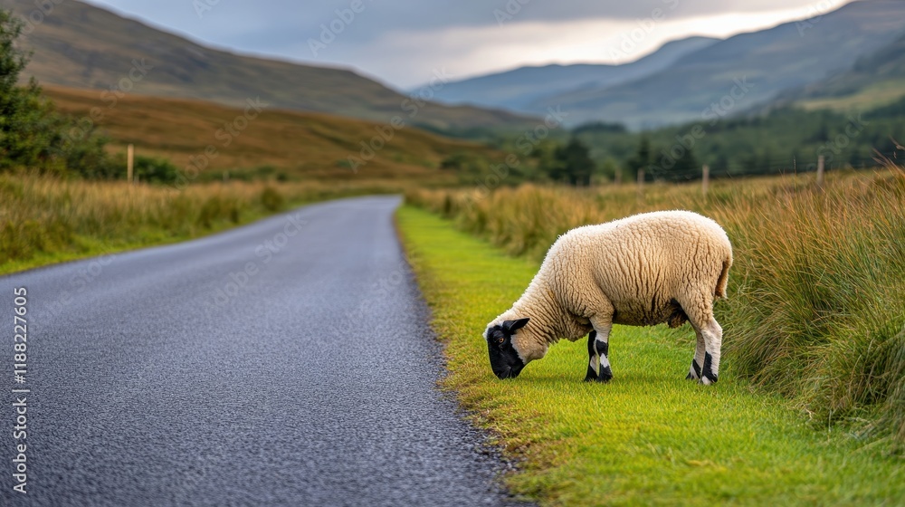 Charming Sheep Grazing Calmly by the Side of a Scenic Road with Lush Green Grass and Rolling Hills Under a Dramatic Sky in Nature's Serenity Charming Sheep Grazing Calmly by the Side of a Scenic Road with Lush Green Grass and Rolling Hills Under a Dramatic Sky in Nature's Serenity