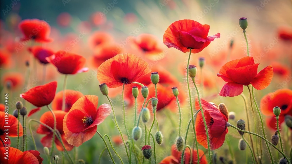 Obraz premium A field of vibrant red poppies swaying gently in the wind with delicate petals and soft texture, funeral flower, remembrance