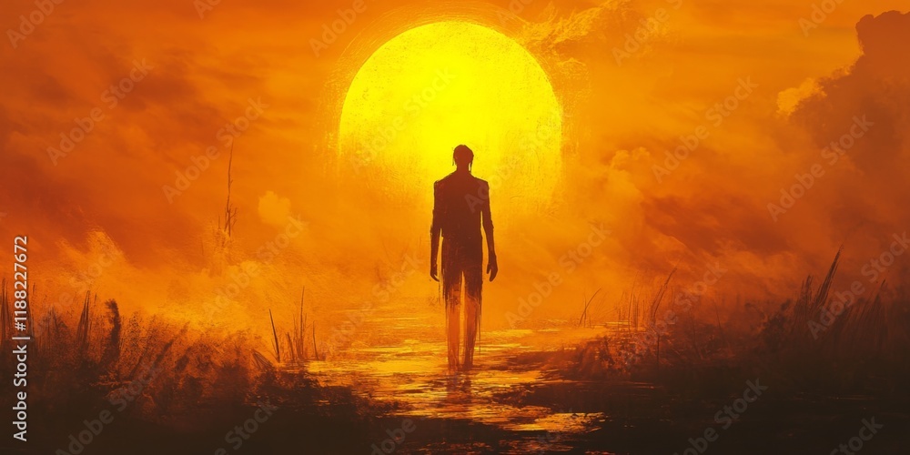Obraz premium Silhouette of a man standing in a glowing sunrise field