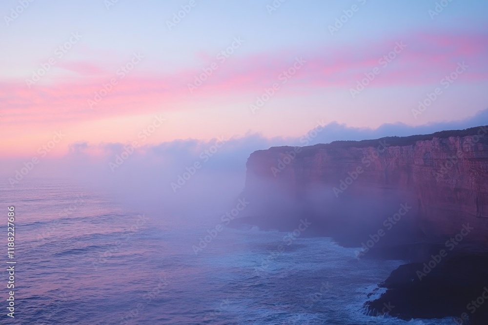 Obraz premium Coastal cliffs and ocean waves under pink and orange sunset skies