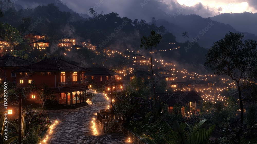Fototapeta premium Serene mountain village with colorful houses and lanternlit gazebo