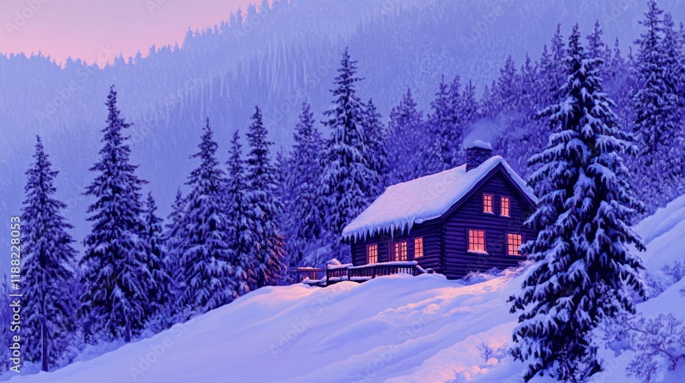 Naklejka premium Snowy Cabin Nestled Among Winter Evergreens