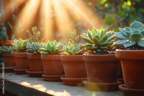 Potted succulents in sunlight on a wooden table photo