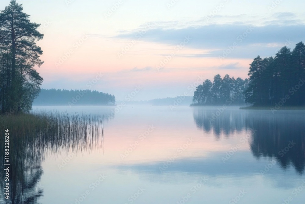 Fototapeta premium Idyllic misty lake at sunrise surrounded by trees