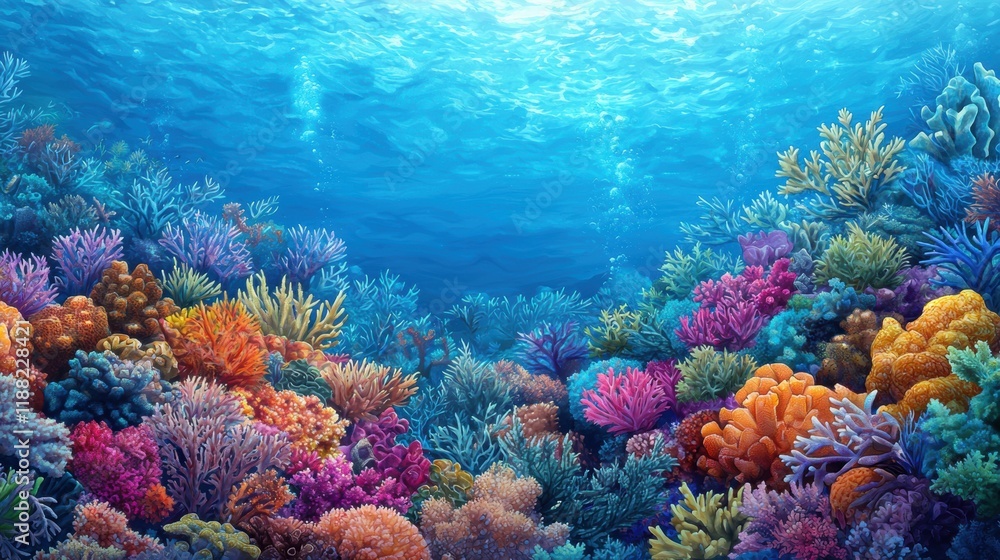 Naklejka premium Vibrant Underwater Coral Reef Scene with Colorful Marine Life