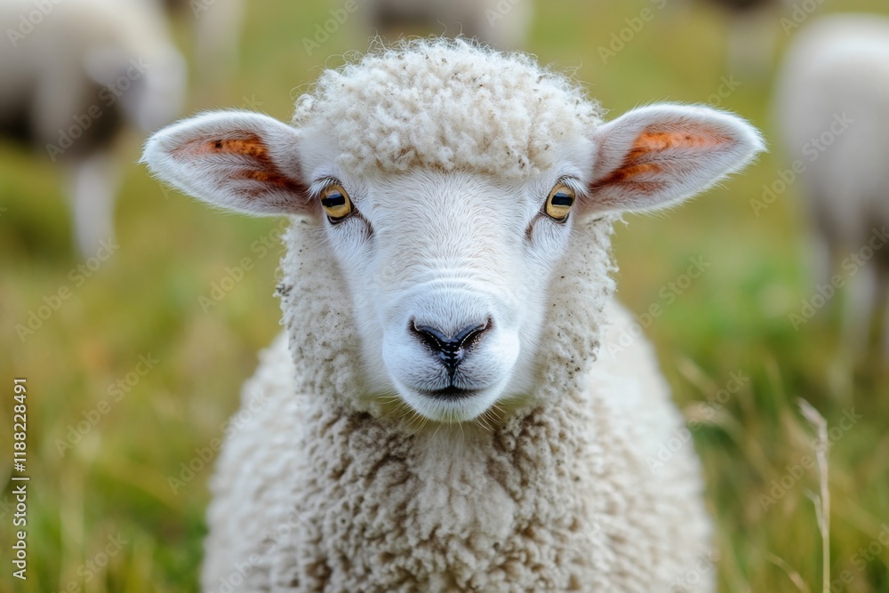 Lamb standing on green grass with sunlight in the background Lamb standing on green grass with sunlight in the background