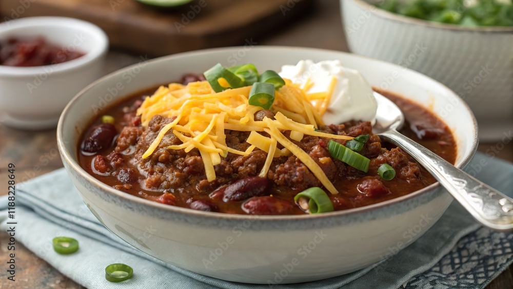 Delicious bowl of beef chili with cheese and green onions, perfect for a cozy dinner on a chilly evening Delicious bowl of beef chili with cheese and green onions, perfect for a cozy dinner on a chilly evening