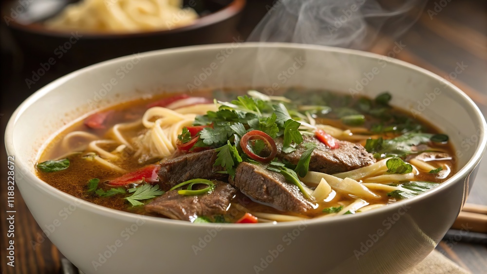 Close up of delicious beef noodle soup with tender meat and fresh herbs served in a bowl Close up of delicious beef noodle soup with tender meat and fresh herbs served in a bowl