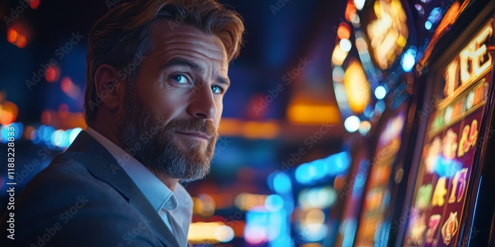 Portrait of a man sitting at a casino slot machine at night Portrait of a man sitting at a casino slot machine at night