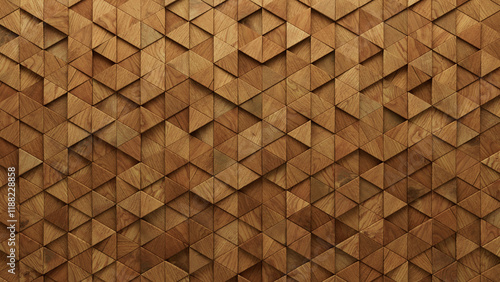 Timber Tiles arranged to create a Wood wall. Natural, Triangular Background formed from 3D blocks. 3D Render photo