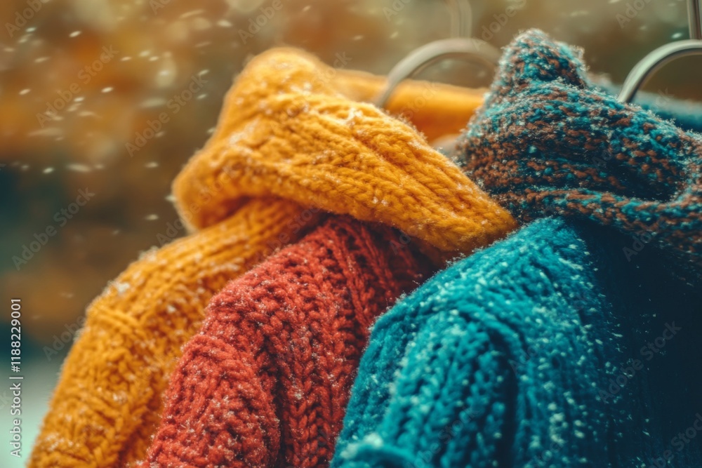 Fototapeta premium Stack of colorful knitted scarves with vibrant textures and patterns
