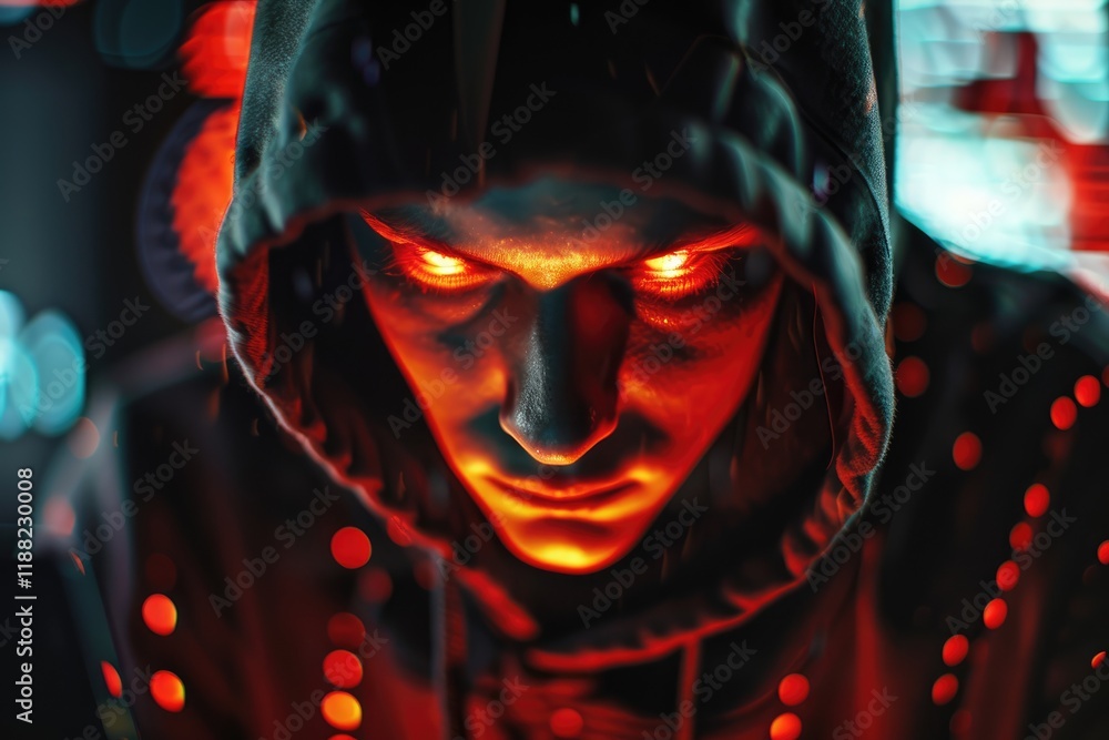 portrait of a hooded hacker, ominous red light from below, data hacking concept, cyber security portrait of a hooded hacker, ominous red light from below, data hacking concept, cyber security
