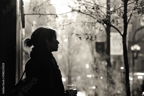 Black and white silhouette of a person in the rain