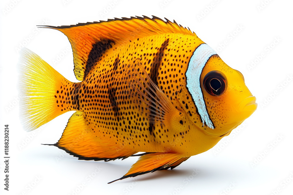 Naklejka premium Vibrant orange fish, black spots, white stripe, isolated.