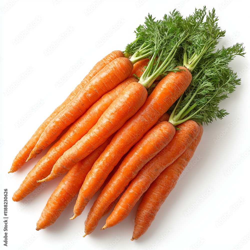Freshly harvested carrots, vibrant orange, with lush green tops. Freshly harvested carrots, vibrant orange, with lush green tops.