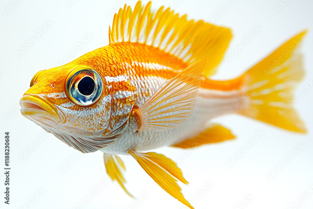 Fototapeta premium Golden fish with orange and white stripes, vibrant fins.