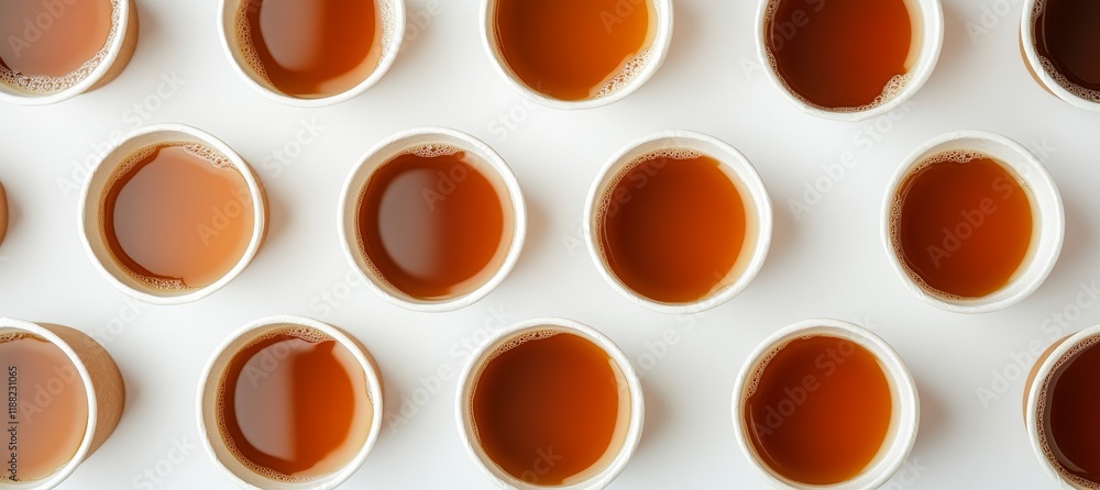 Overhead view of multiple disposable cups filled with brown liquid, arranged in rows on a white background. Overhead view of multiple disposable cups filled with brown liquid, arranged in rows on a white background.