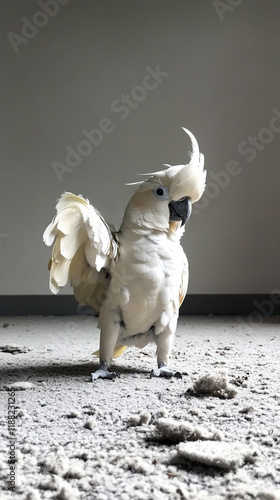 A cockatoo bird on a carpet.