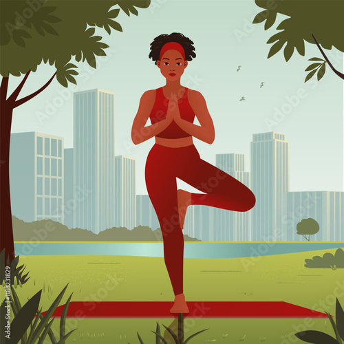 A serene vector illustration of a woman practicing the tree yoga pose Vrikshasana in a lush green park with a modern cityscape in the background. The woman wears a red workout outfit, exuding calm and