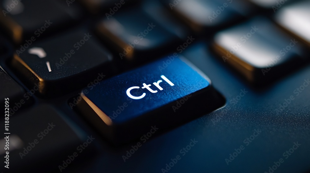 Close-up of a Blue Illuminated Ctrl Key on a Dark Keyboard Close-up of a Blue Illuminated Ctrl Key on a Dark Keyboard