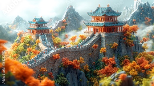 Autumnal Majesty: A Digital Painting of the Great Wall of China