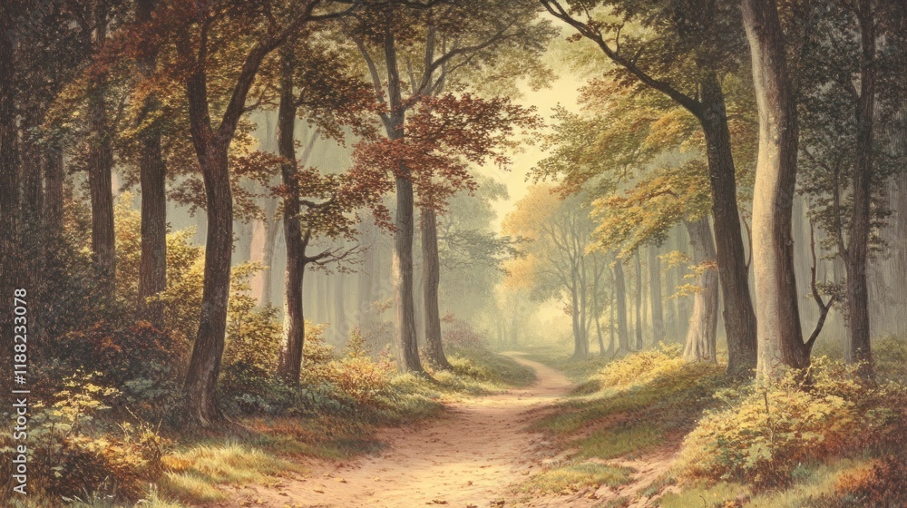 Serene Forest Path Autumnal Sunlight Dappled Canopy Serene Forest Path Autumnal Sunlight Dappled Canopy