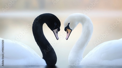 Fototapeta Naklejka Na Ścianę i Meble -  portrait of a pair of swans, one white and one black, their necks curved to form a heart shape