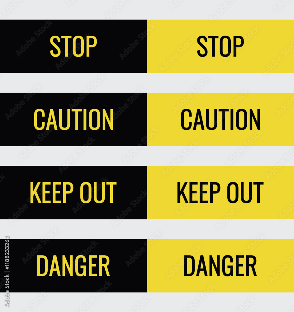 Seamless yellow and black caution Tapes with Stop, Keep Out, Danger and Caution Text. Perfect for warning signs, construction themes, safety projects, and hazardous zone designs Seamless yellow and black caution Tapes with Stop, Keep Out, Danger and Caution Text. Perfect for warning signs, construction themes, safety projects, and hazardous zone designs