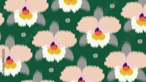 A seamless ikat floral pattern featuring abstract orchid flowers in soft pink, white, and yellow tones. The flowers are set against a rich dark green background, giving a bold yet elegant look.