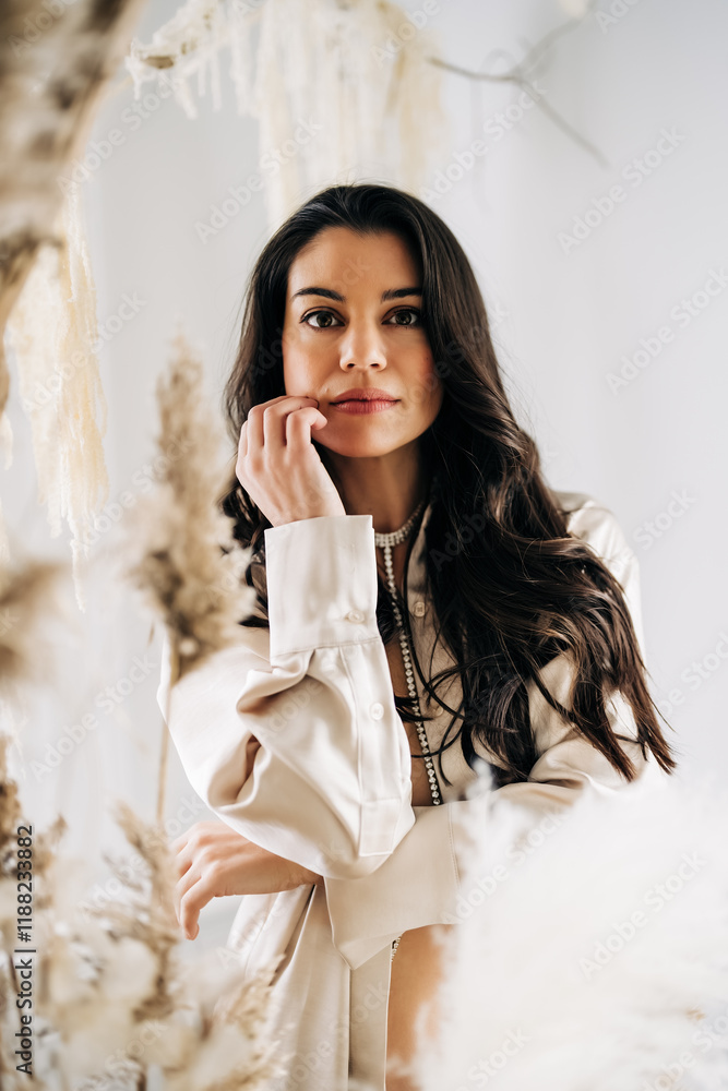 Woman in silk shirt, soft lighting, surrounded by pampas grass Woman in silk shirt, soft lighting, surrounded by pampas grass
