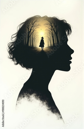 A silhouette of a woman with a dreamlike landscape inside her head, depicting a dark forest and a solitary figure walking towards light.