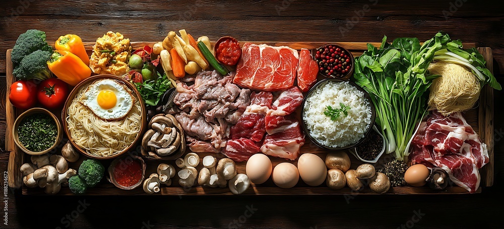 Fototapeta premium A vibrant assortment of fresh ingredients for a meal preparation.